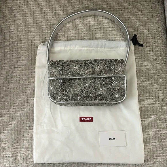 STAUD Tommy Beaded Flap Shoulder Bag (NWOT) - Silver Garden Party